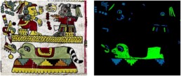 Dettaglio di una pagina dipinta del codice Tonindeye (25 recto) dove sono evidenti diverse tonalità di verde e blu (a sinistra). Immagine iperspettrale in cui vengono evidenziate le differenze tra i due tipi di pittura: quella di colore blu-verde dove il blu maya è utilizzato da solo, quella verde chiaro dove il blue maya è utilizzato in miscela con l’orpimento (pigmento di colore giallo) (a destra) | © CNR ISPC