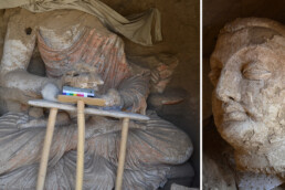 Corpo e testa di una scultura monumentale in terracruda di Buddha (VIII secolo d.C., sito archeologico di Qol-e-tut - Kabul, Afghanistan) | © Mònica López-Prat, CNR ISPC